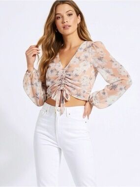 Sweet Lemon Top Crop Peach Floral Ruched Front Chiffon  L Romantic Cottagecore